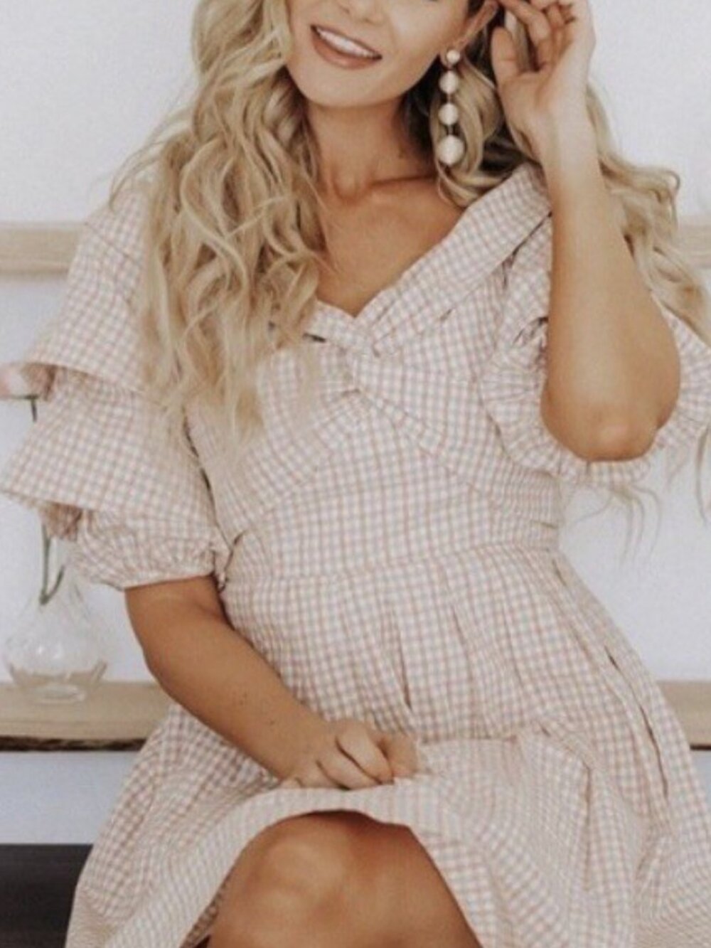 Chriselle J.O.A. Pink Gingham Plaid Off the Shoulder Short Dress Size Medium